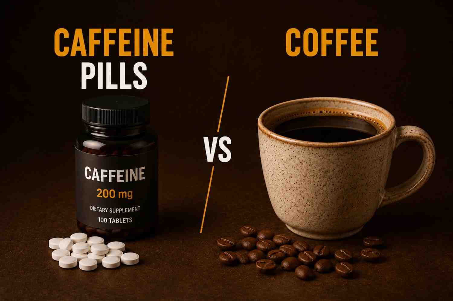 A side-by-side comparison of caffeine pills and a cup of coffee with coffee beans, illustrating the difference between caffeine pills vs coffee.