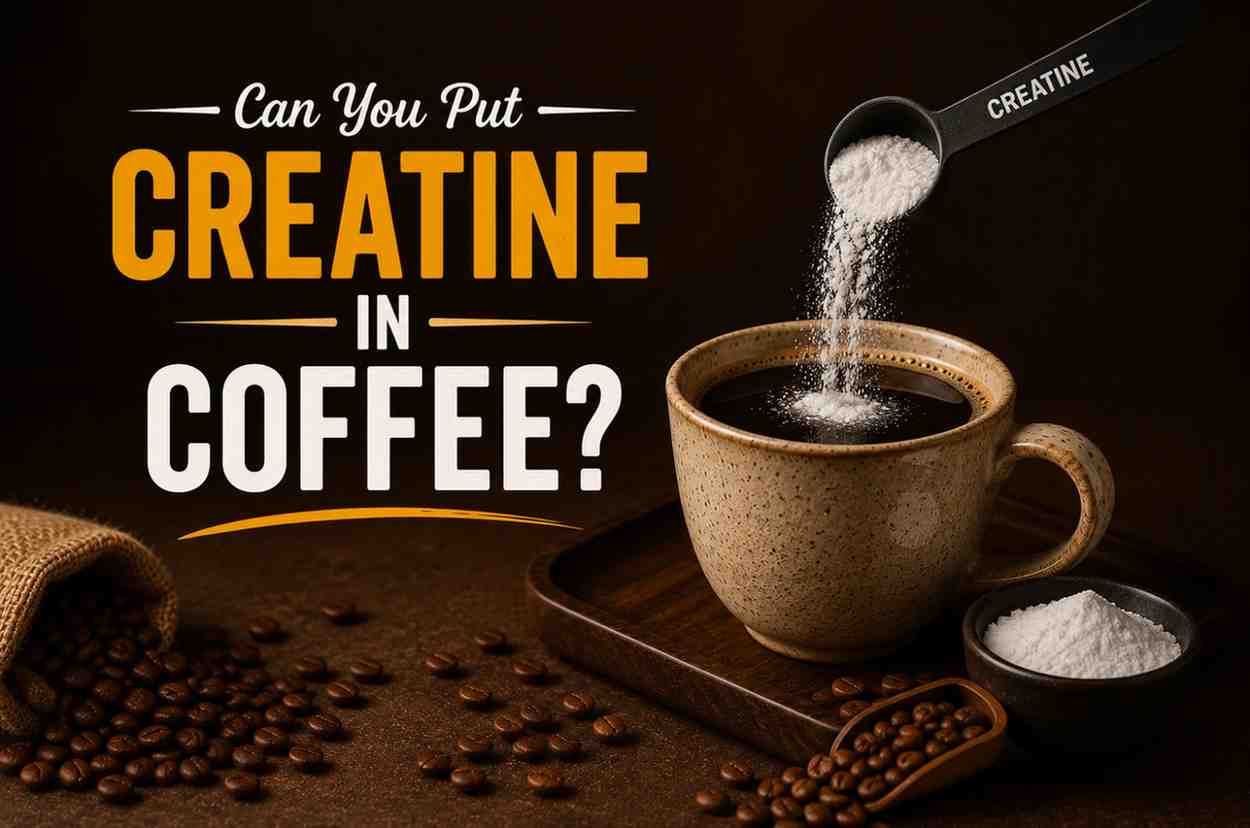 Creatine powder being added to a cup of black coffee