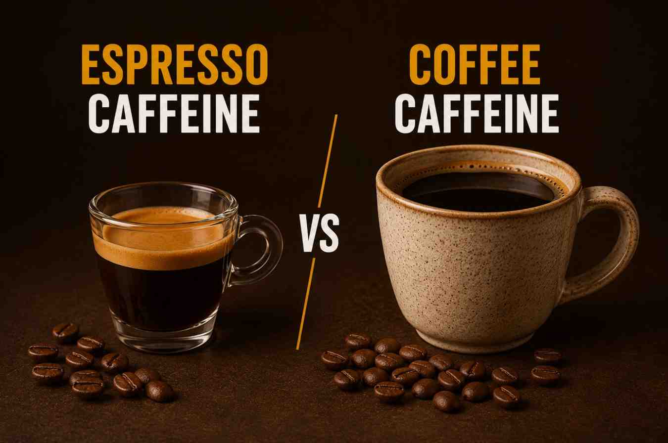 A side-by-side comparison of espresso and brewed coffee showing two coffee cups with roasted coffee beans, illustrating espresso caffeine vs coffee caffeine.