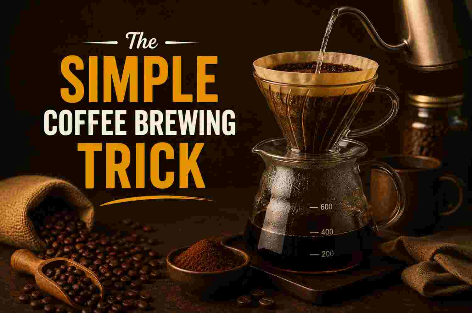 The Simple Coffee Brewing Trick featured image showing a pour-over coffee brewer, glass carafe, coffee beans, ground coffee, and brewing equipment on a dark rustic background.