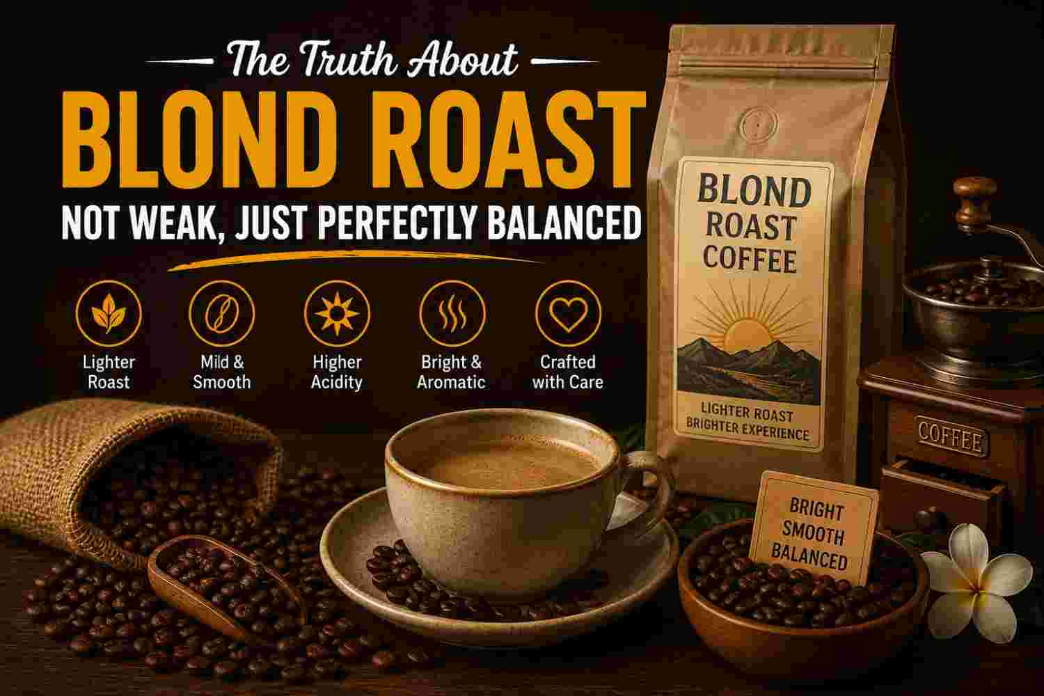 The Truth About Blond Roast Coffee featured image showing a blond roast coffee bag, coffee cup, grinder, and roasted coffee beans on a dark background.