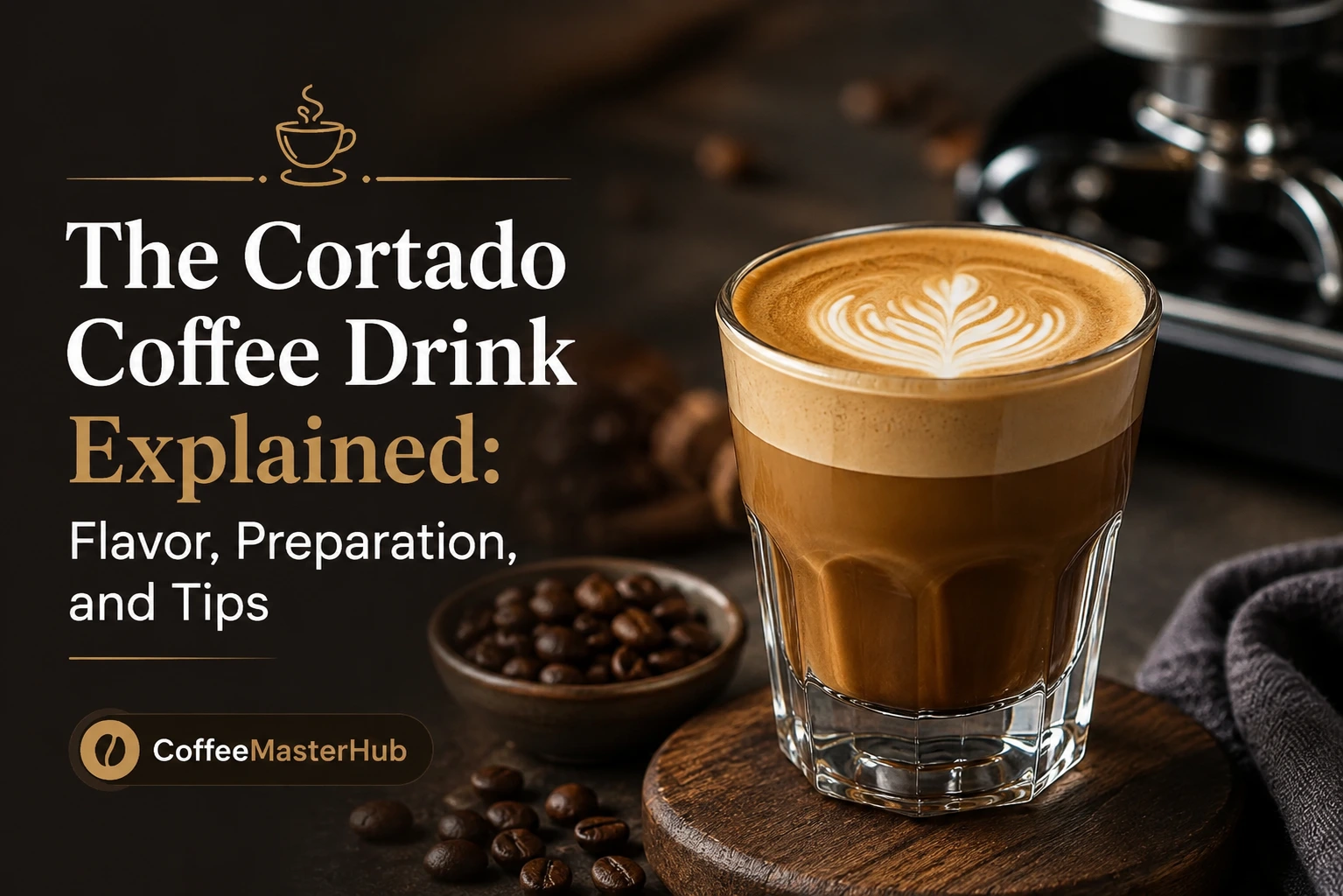 Cortado coffee in a glass with espresso and steamed milk, showing its classic coffee-to-milk ratio.