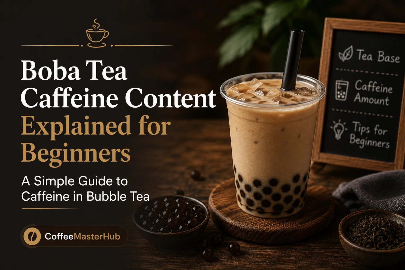 Boba tea with tapioca pearls and tea showing its caffeine content for beginners.