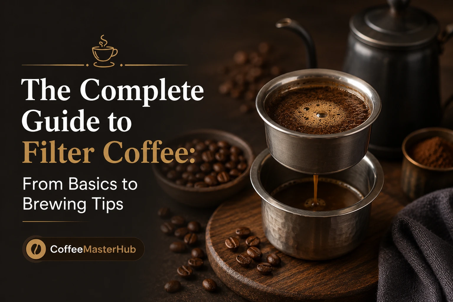 Freshly brewed filter coffee in a glass carafe with a paper coffee filter and ground coffee.