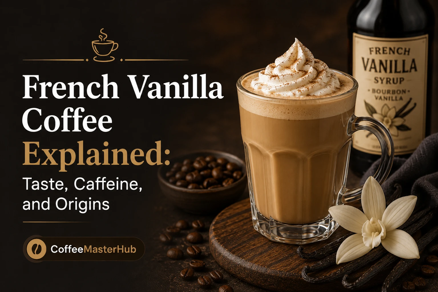 French vanilla coffee in a cup with creamy foam and a smooth vanilla flavor.