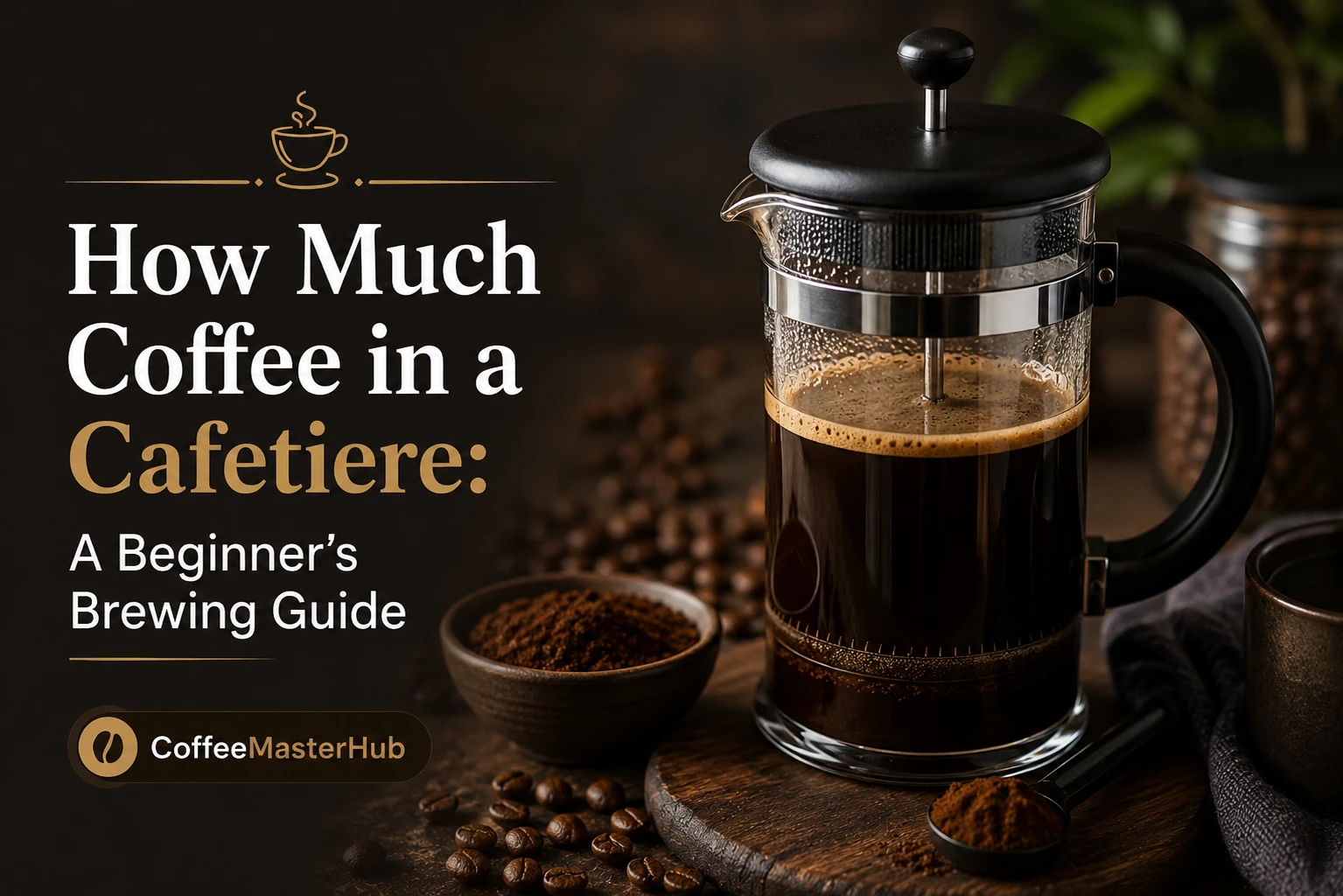 Ground coffee and hot water in a glass cafetiere for French press brewing.