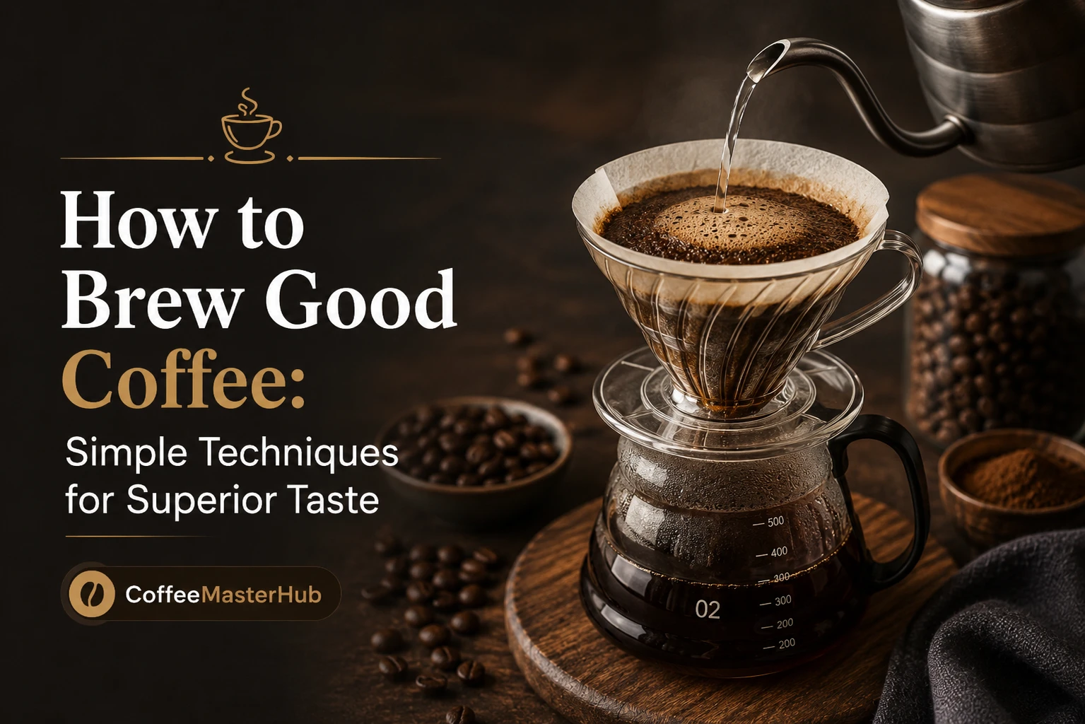 Fresh coffee being brewed with ground beans, hot water, and a pour-over coffee maker.