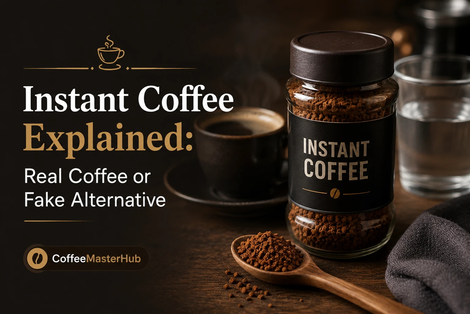 Instant coffee granules in a cup with hot water, showing how instant coffee is prepared.