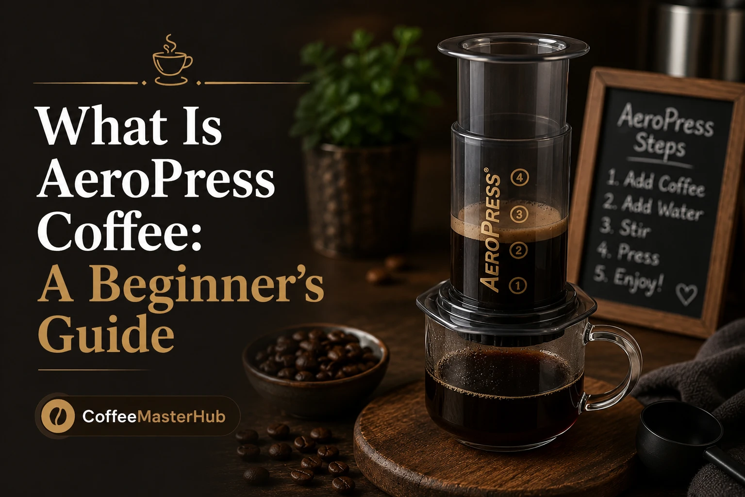 AeroPress coffee maker brewing fresh coffee with ground beans and hot water.
