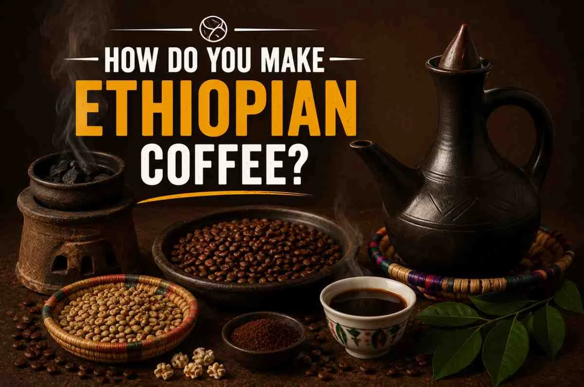 How do you make Ethiopian coffee featured image showing a traditional jebena coffee pot, roasted coffee beans, green coffee beans, ground coffee, and a freshly brewed cup of Ethiopian coffee.