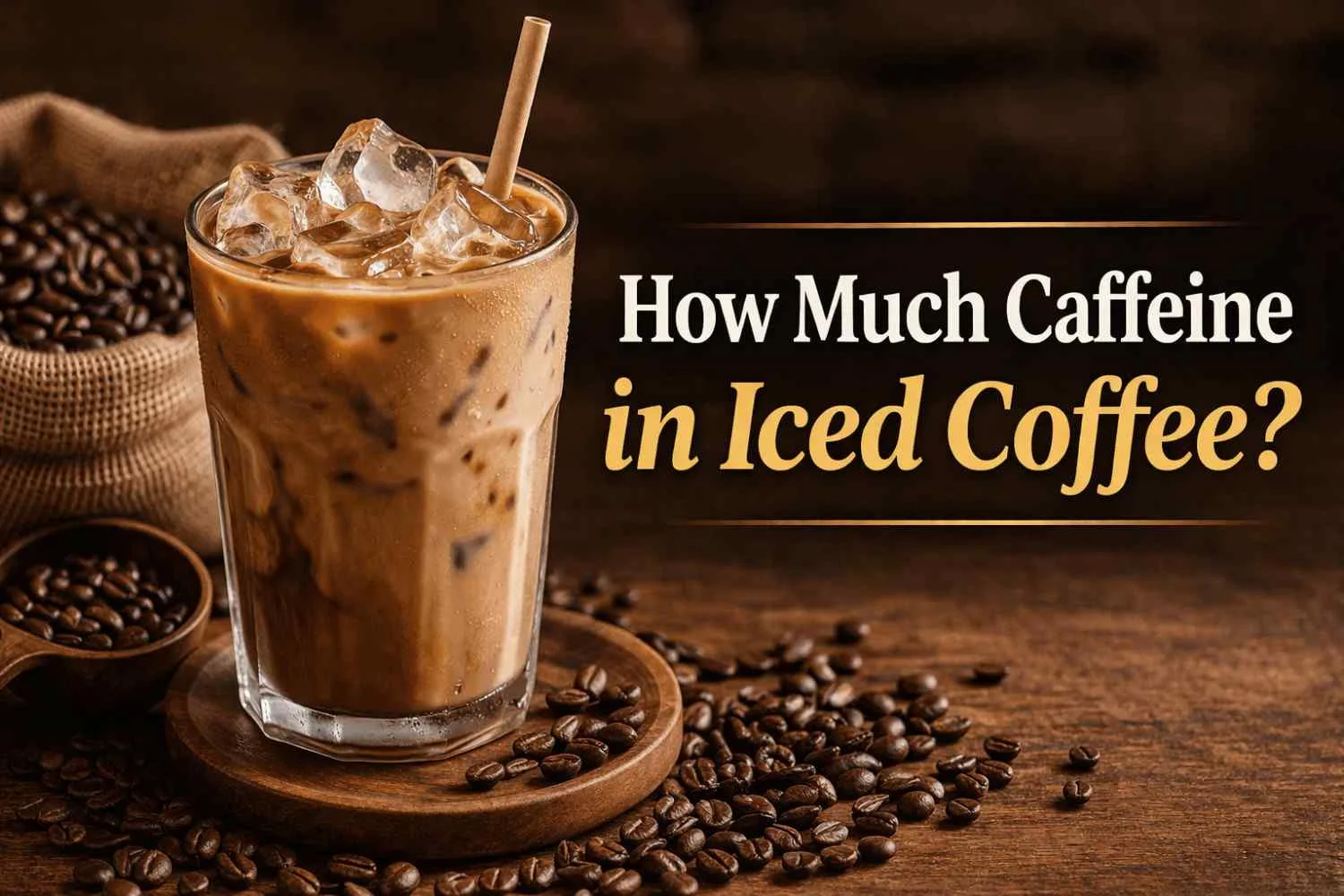 how much caffeine in international delight iced coffee shown in a glass of iced coffee with ice and coffee beans
