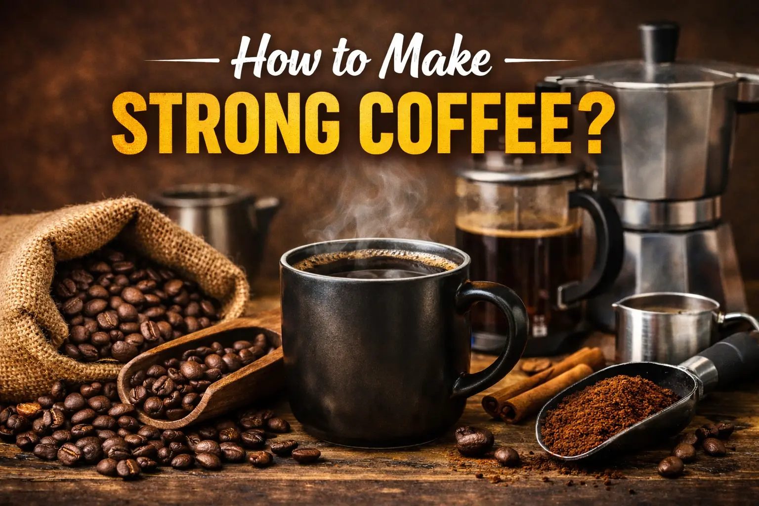 Step-by-step guide showing how to make strong coffee using fresh coffee beans and brewing method