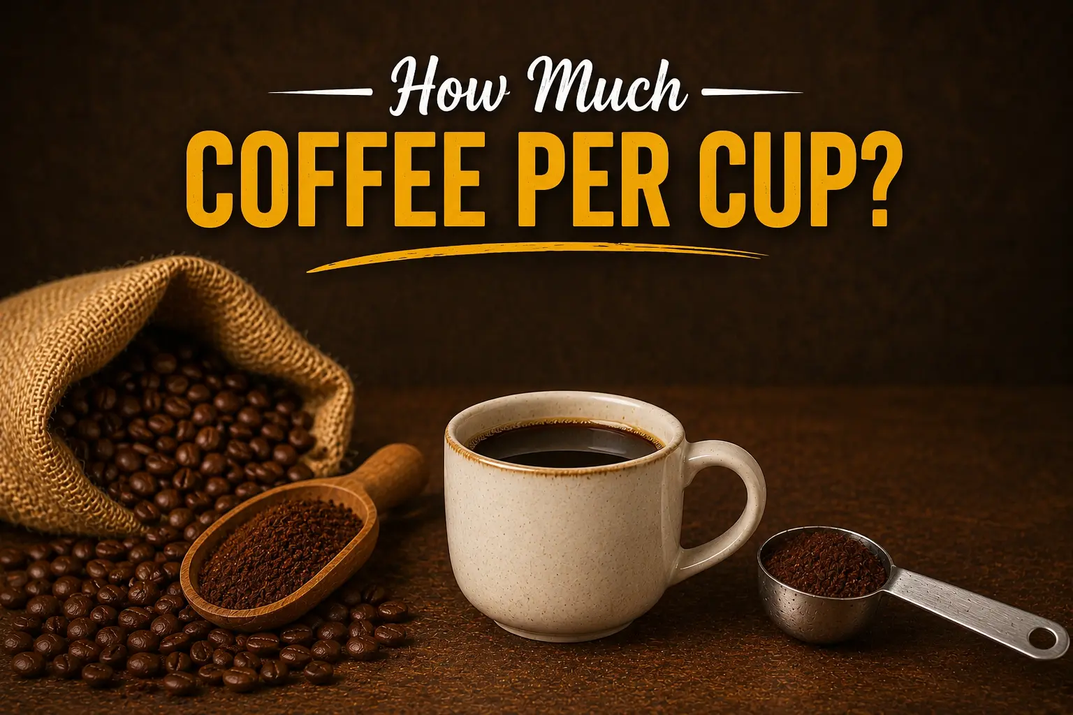 Rustic coffee-themed graphic with a coffee cup, coffee beans, and the text “How Much Coffee Per Cup?” on a dark brown background.