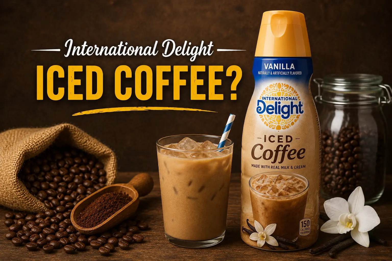 International Delight Vanilla Iced Coffee bottle with iced coffee glass, coffee beans, and rustic background