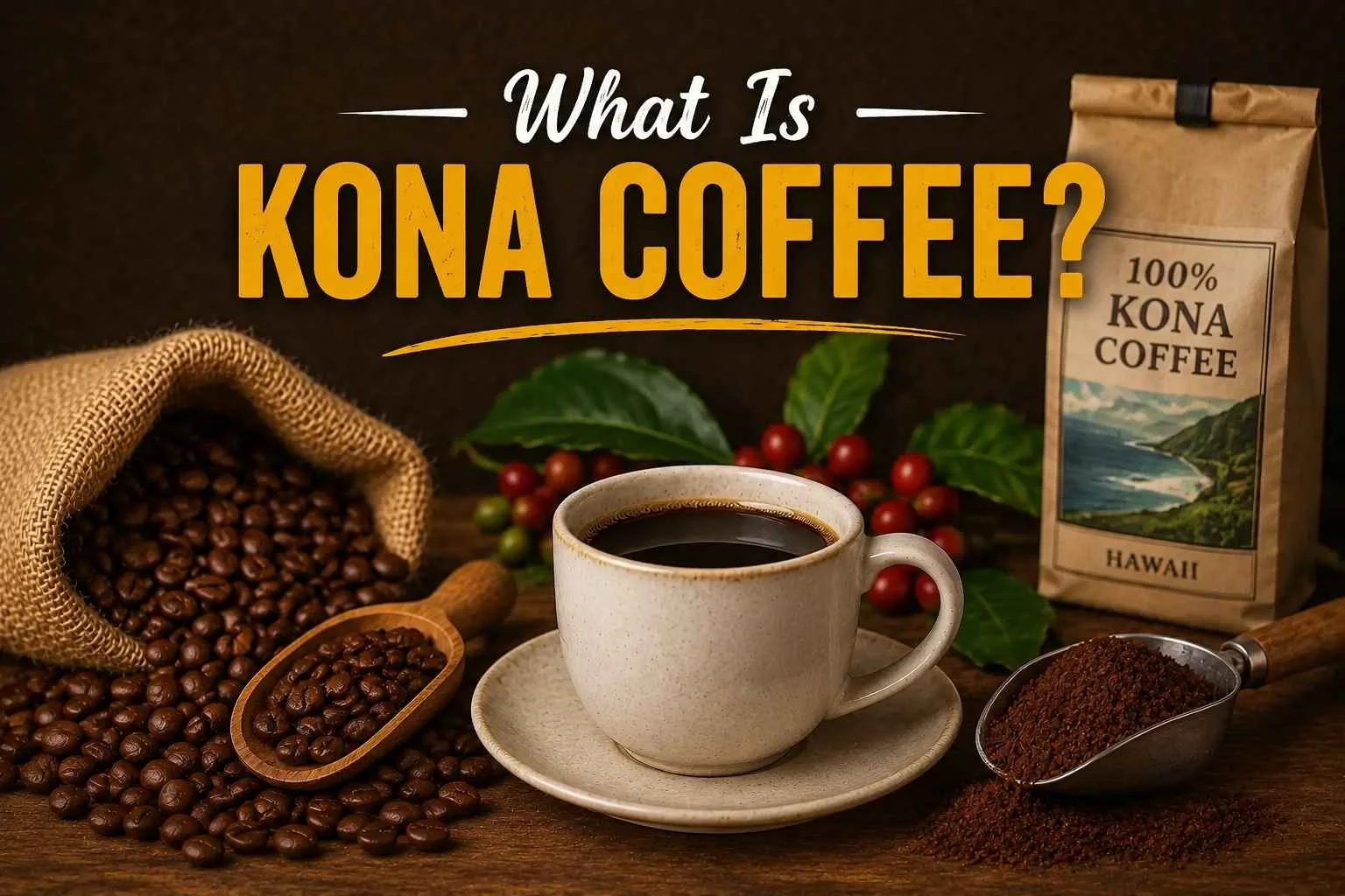 Premium Kona coffee concept image featuring a hot cup of Hawaiian Kona coffee, roasted coffee beans, fresh coffee cherries, and bold typography asking “What Is Kona Coffee?” on a rustic dark background.