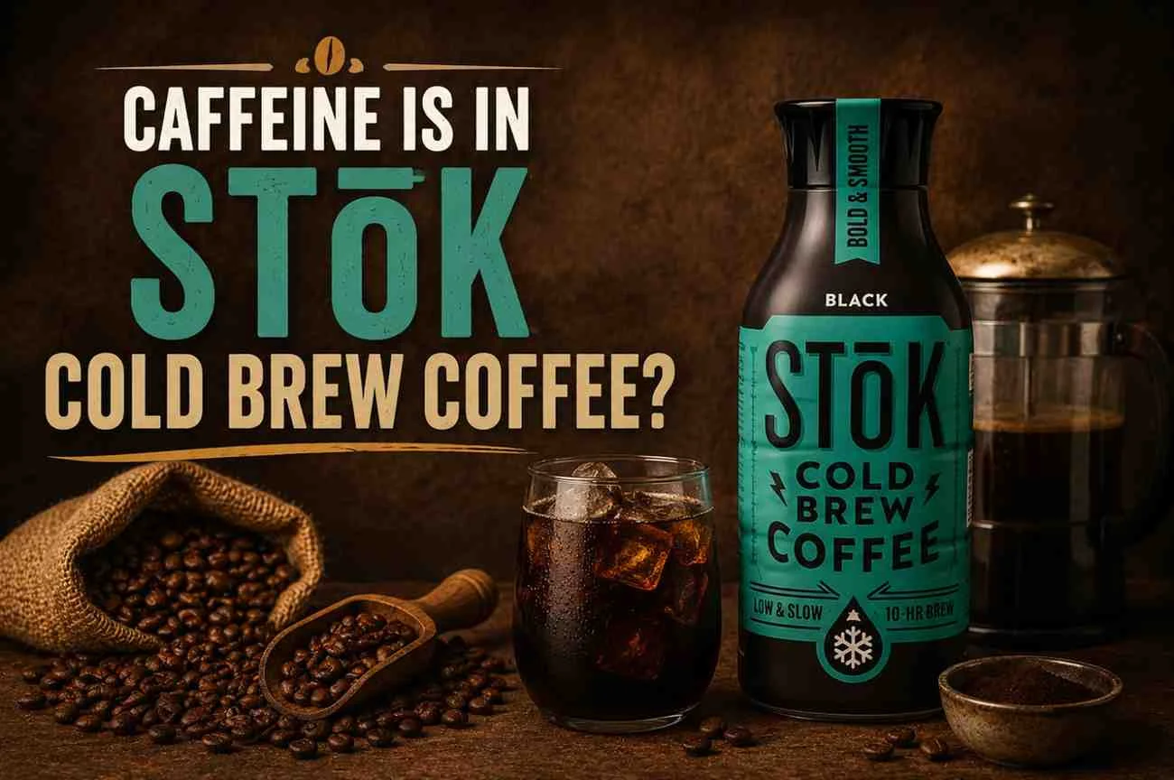 STōK Cold Brew Coffee bottle with iced coffee, coffee beans, and brewing equipment on a rustic brown background.