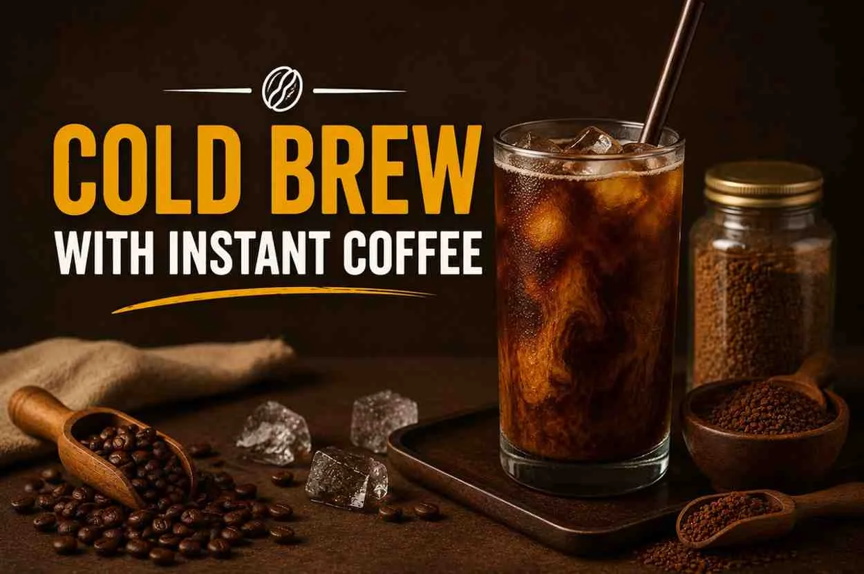 Cold brew with instant coffee featured image showing a glass of cold brew, instant coffee granules, ice cubes, and coffee beans.