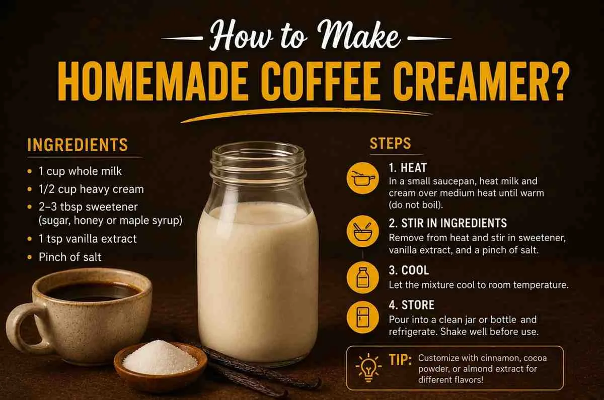 Homemade coffee creamer in a glass jar with a coffee cup, vanilla beans, sugar, and coffee beans on a rustic brown background.