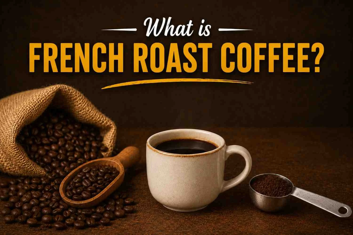 What is French Roast Coffee featured image showing dark roasted coffee beans, ground coffee, and a cup of black coffee on a brown background.