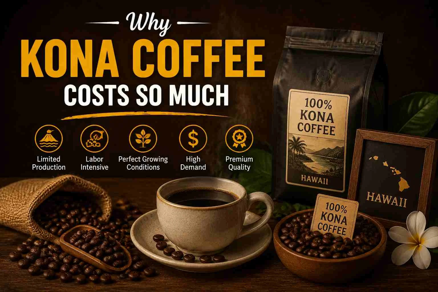 Why Kona coffee costs so much due to limited production, hand-picked harvesting, and premium quality beans grown in Hawaii.