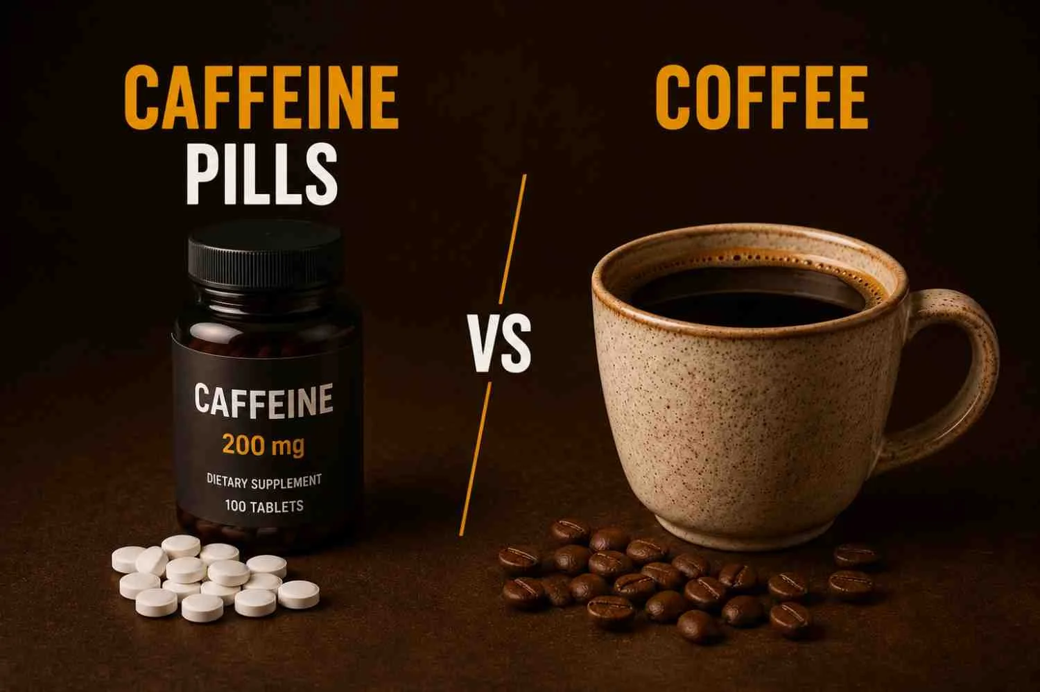 A side-by-side comparison of caffeine pills and a cup of coffee with coffee beans, illustrating the difference between caffeine pills vs coffee.