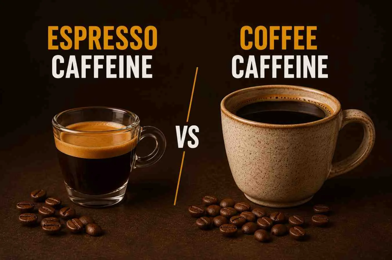 A side-by-side comparison of espresso and brewed coffee showing two coffee cups with roasted coffee beans, illustrating espresso caffeine vs coffee caffeine.