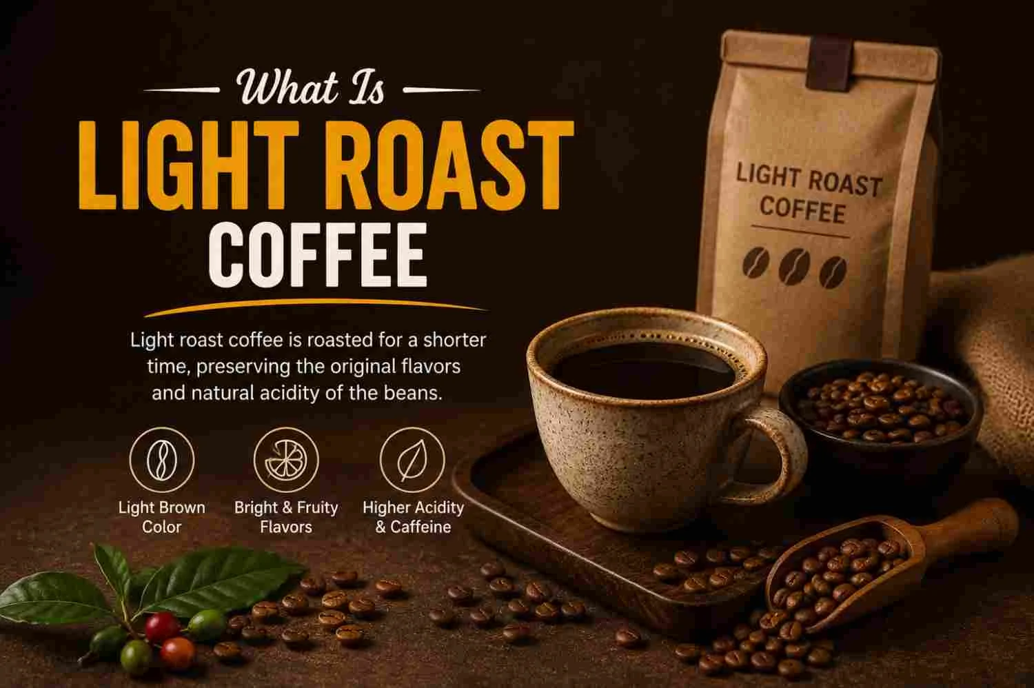 A cup of light roast coffee with roasted coffee beans and a light roast coffee bag on a dark background, illustrating what light roast coffee is.